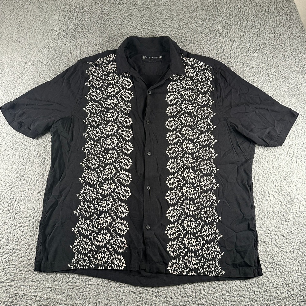 AllSaints Taro Shirt Mens XL Black Geometric Relaxed Fit Viscose Loop Collar